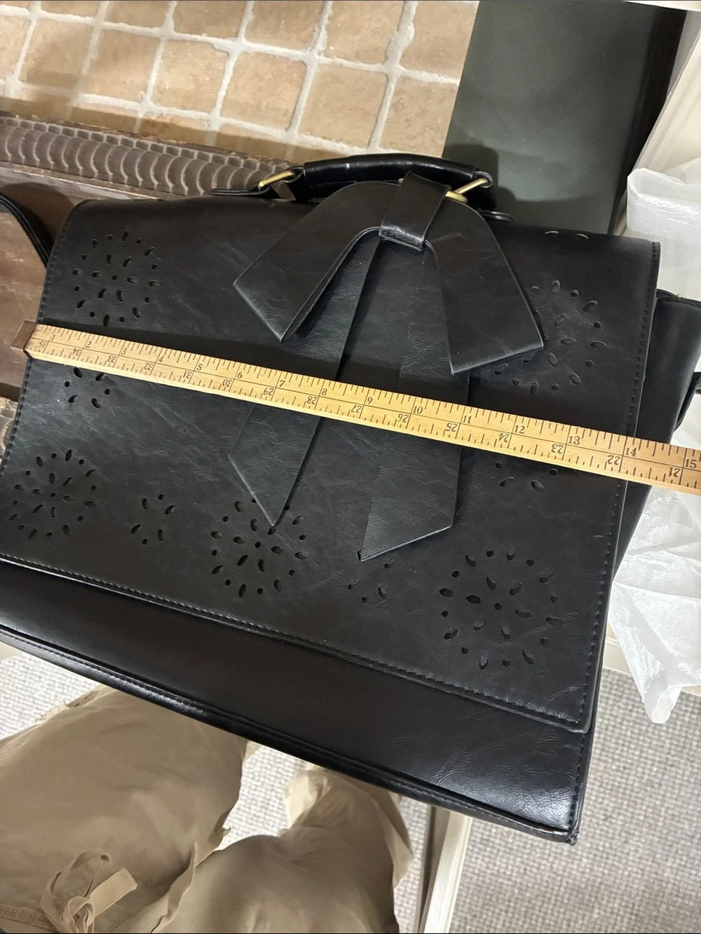 Ecosusi Black Lattice Leather Shoulder Bag With Bow Accent NWOT Padded Handbag